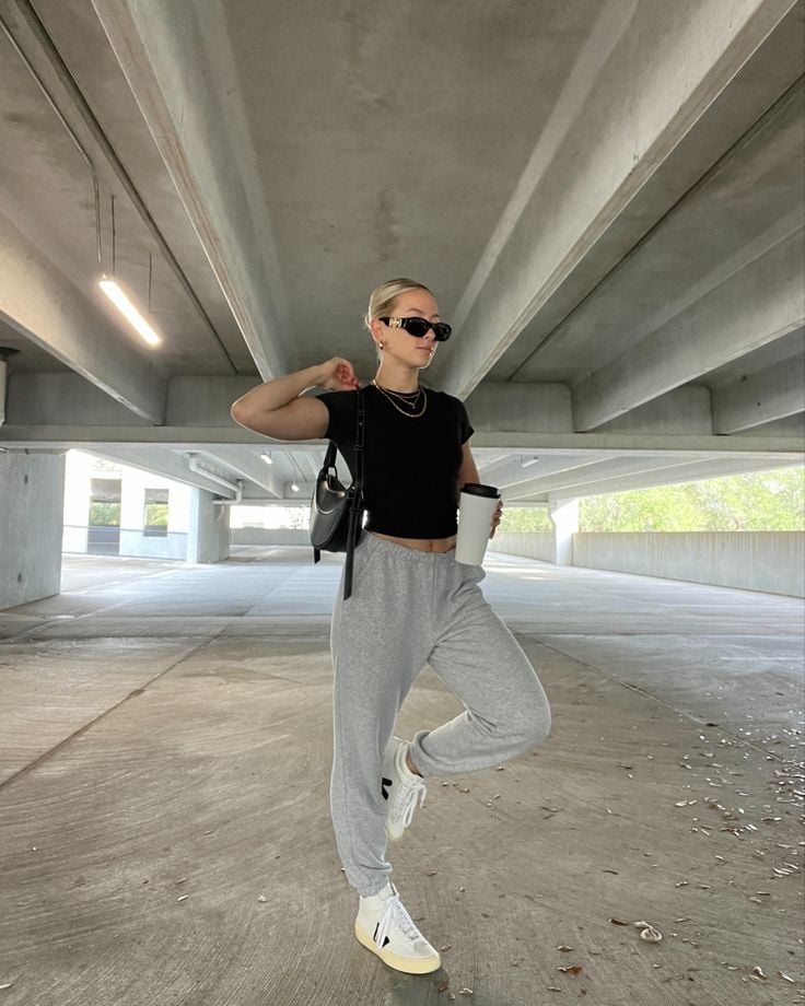 Gray Joggers With Black Crop Top and Gold Chain Gray Joggers With Black Crop Top and Gold Chain — Gray Joggers Outfits 2027