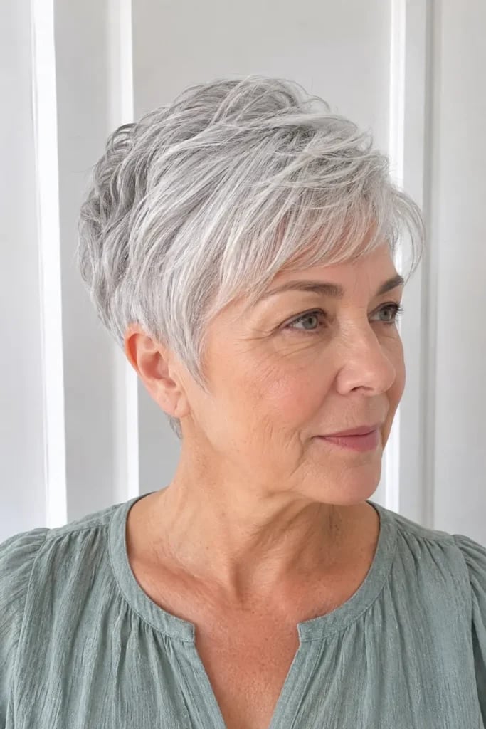 Tousled Gray Pixie With Side-Swept Fringe Tousled Gray Pixie With Side-Swept Fringe — Gray Pixie 2027