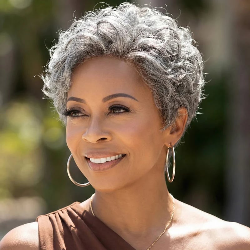 Salt and Pepper Curly Pixie With Side Fringe Salt and Pepper Curly Pixie With Side Fringe — Gray Pixie 2027