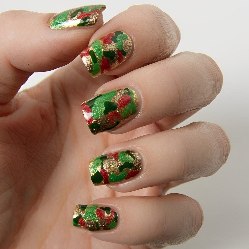 Glossy Glitter Green Red Gold Camouflage Short Square Nails Glossy Glitter Green Red Gold Camouflage Short Square Nails — Green Camo Nails 2027