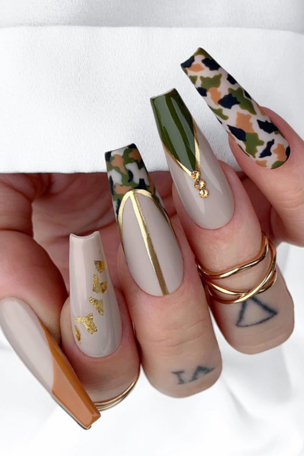 Glossy Glitter Green Camouflage Short Square Nails, Close-Up Take Glossy Glitter Green Camouflage Short Square Nails, Close-Up Take — Green Camo Nails 2027