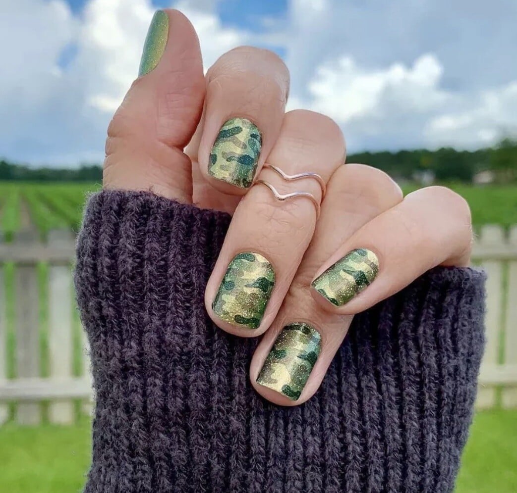 Matte Green Brown Black White Camouflage Almond Nails, Close-Up Take Matte Green Brown Black White Camouflage Almond Nails, Close-Up Take — Green Camo Nails 2027