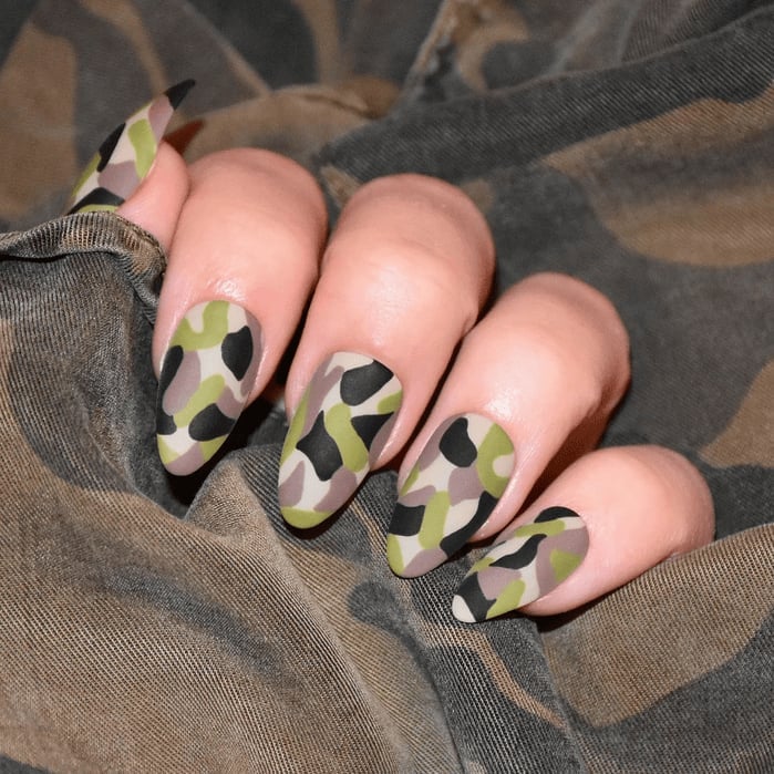 Matte Green Beige Black Camouflage Almond Nails Matte Green Beige Black Camouflage Almond Nails — Green Camo Nails 2027