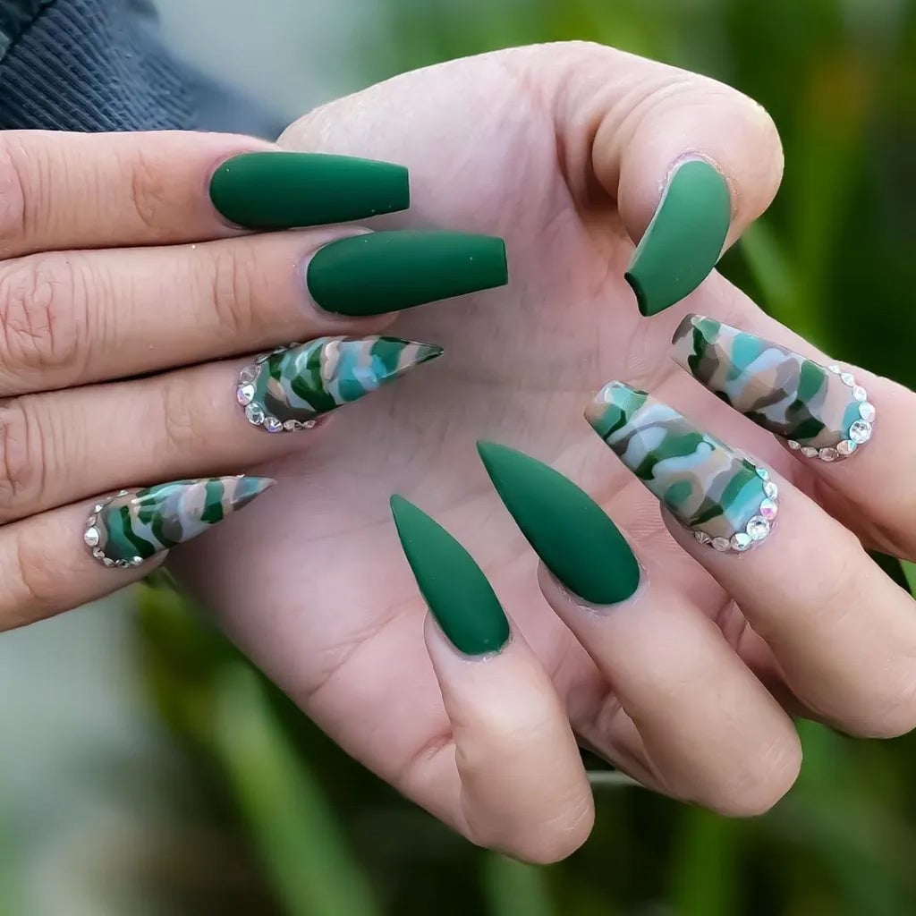 Matte Green Brown Black White Camouflage Almond Nails Matte Green Brown Black White Camouflage Almond Nails — Green Camo Nails 2027