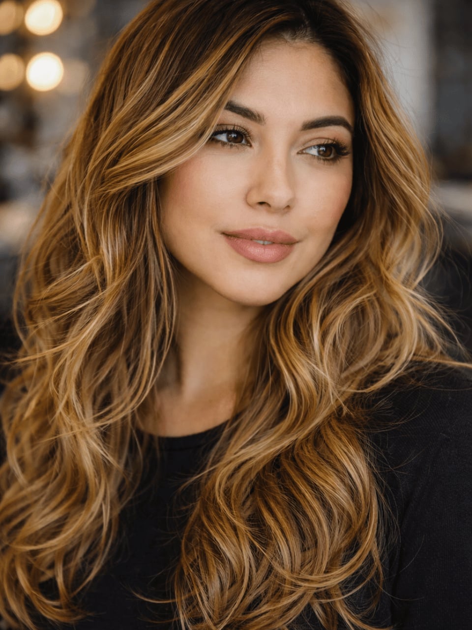 Mid-Back Medium Brown With Blonde Balayage, Close-Up Take Mid-Back Medium Brown With Blonde Balayage, Close-Up Take — Hair Color 2027 for Medium Skin