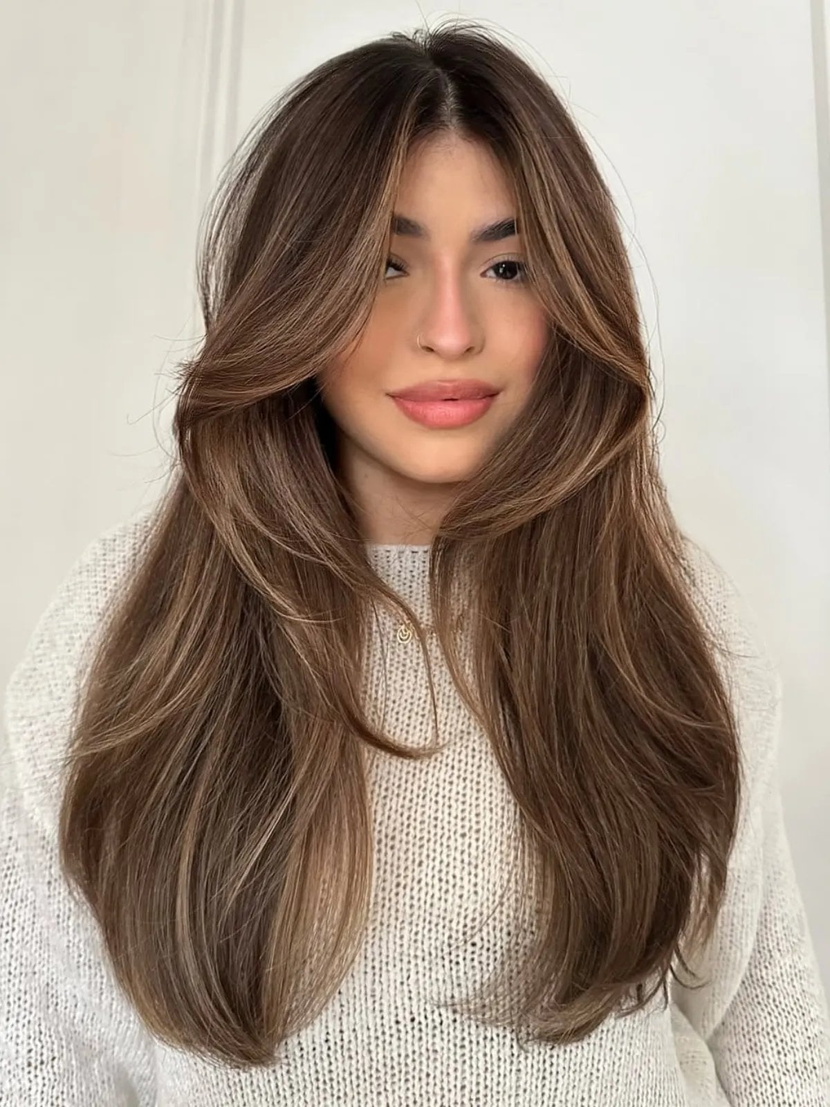 Long Medium Brown With Face-Framing Layers and Bangs Long Medium Brown With Face-Framing Layers and Bangs — Hair Color 2027 for Medium Skin