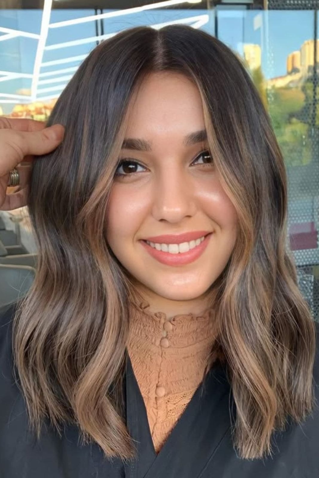 Mid-Back Wavy Hair With Rich Caramel Balayage, Curtain Bangs Mid-Back Wavy Hair With Rich Caramel Balayage, Curtain Bangs — Hair Color 2027 for Medium Skin