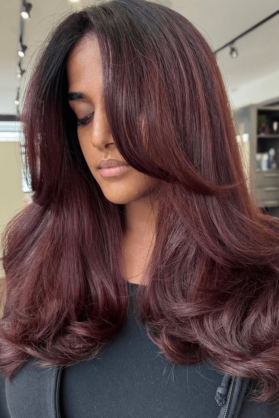 Mid-Back Deep Cherry Red Soft Waves Mid-Back Deep Cherry Red Soft Waves — Hair Color 2027 for Medium Skin