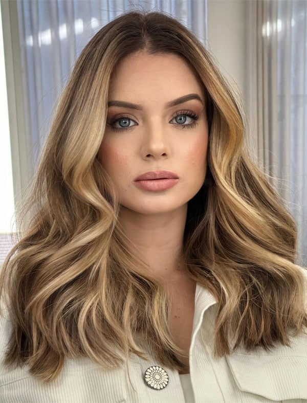 Mid-Back Blonde Balayage With Curtain Bangs — Hairstyles 2027 for Long Faces
