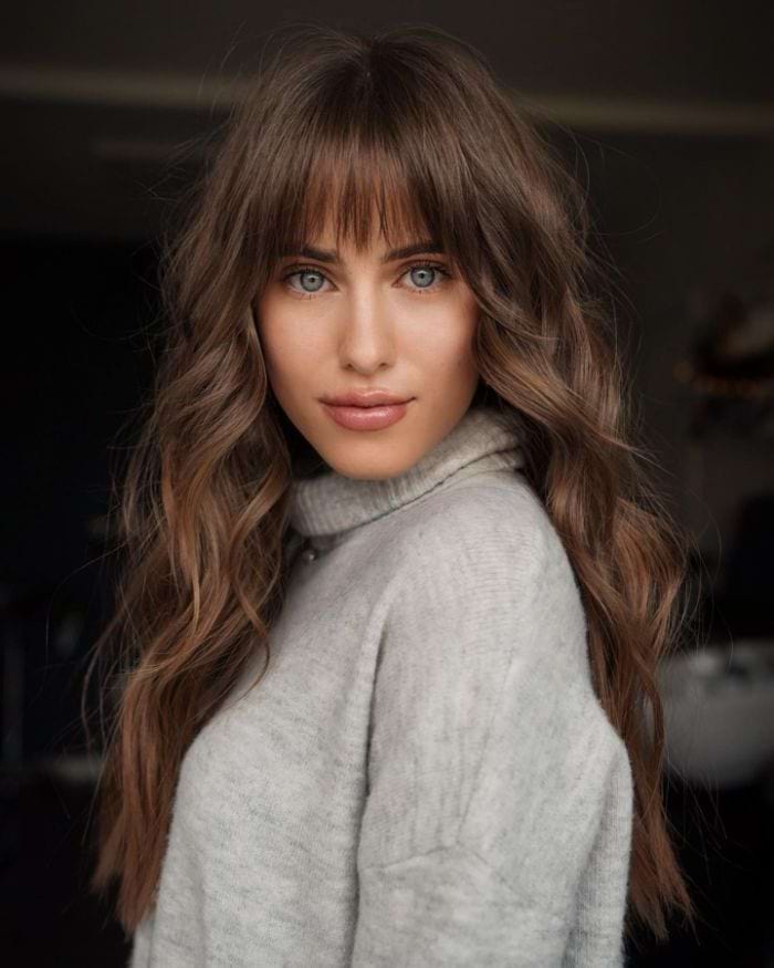 Mid-Back Waves With Curtain Bangs Blowout — Hairstyles 2027 for Long Faces