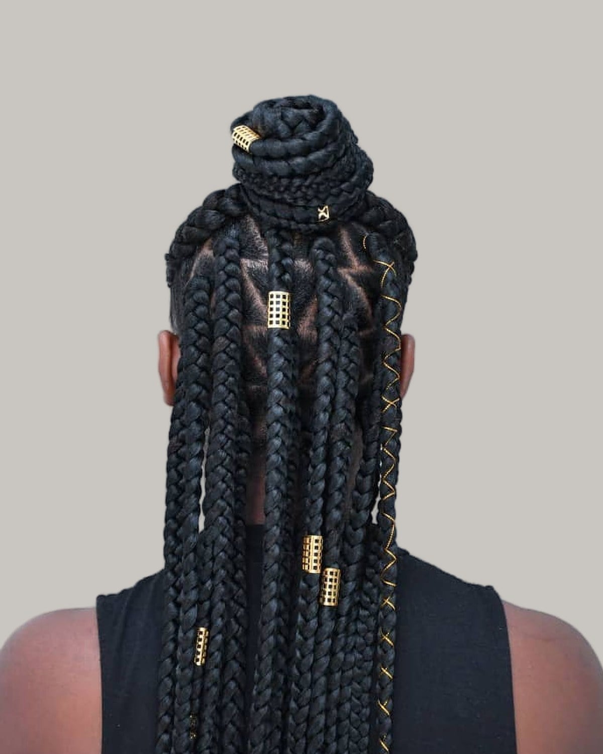 Black Braids Half Up Top Knot With Gold Accents Black Braids Half Up Top Knot With Gold Accents — Half Up Knotless Braids 2027