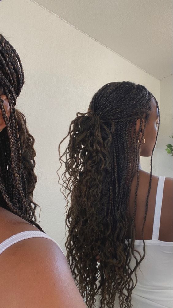 Dark Brown Braids Half Up With Curly Ends Dark Brown Braids Half Up With Curly Ends — Half Up Knotless Braids 2027