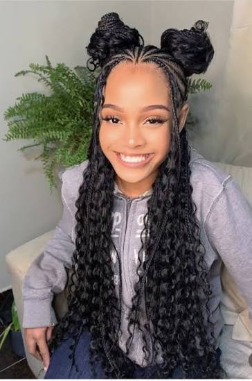 Black Braids Two Space Buns Curly Cascade Black Braids Two Space Buns Curly Cascade — Half Up Knotless Braids 2027