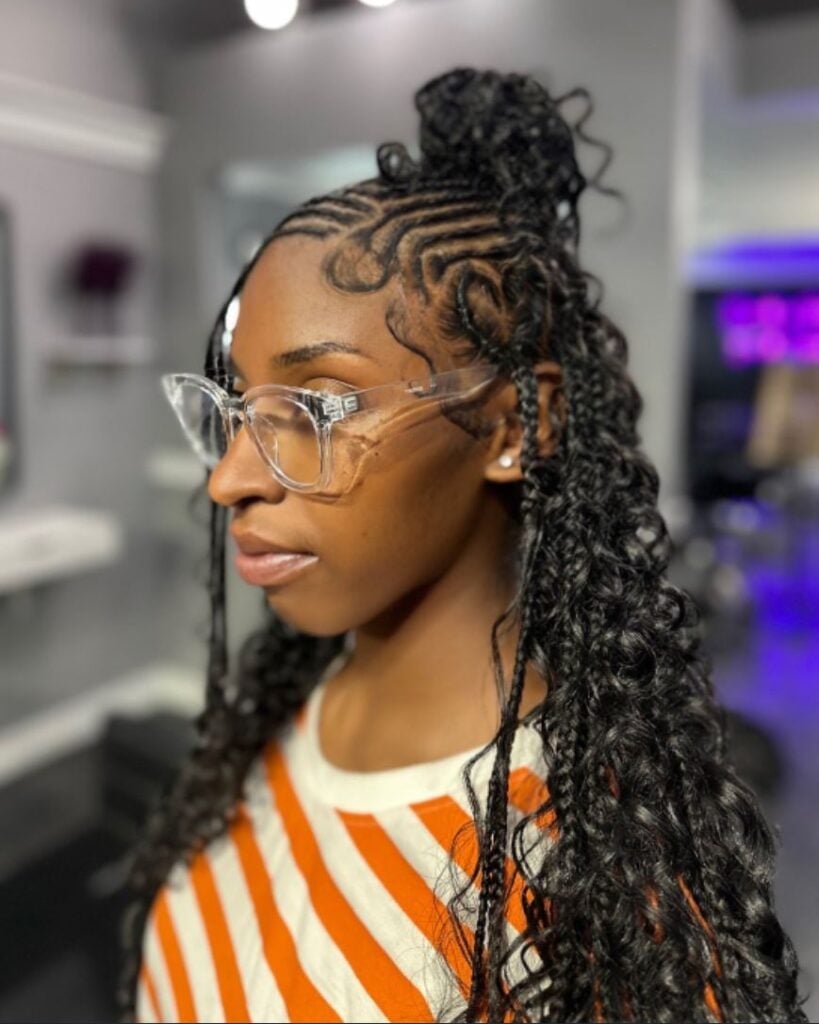 Black Knotless Braids Half Up Top Knot With Curls, Mid-Back Black Knotless Braids Half Up Top Knot With Curls, Mid-Back — Half Up Knotless Braids 2027