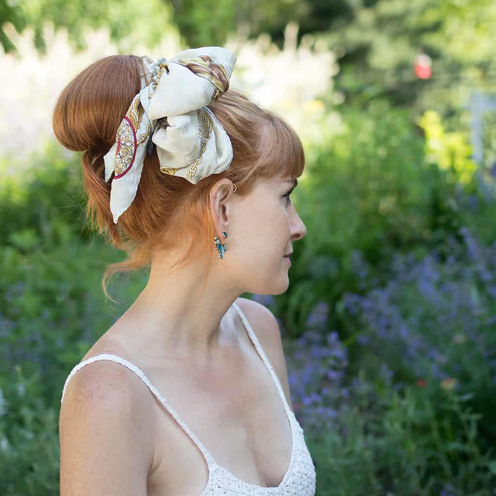 Chin Length Red Hair High Bun With Scarf Bow Chin Length Red Hair High Bun With Scarf Bow — Head Wrap Hairstyles 2027