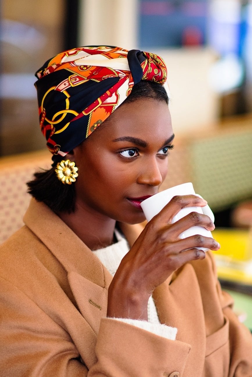 Curly Hair With Ornate Head Wrap Curly Hair With Ornate Head Wrap — Head Wrap Hairstyles 2027