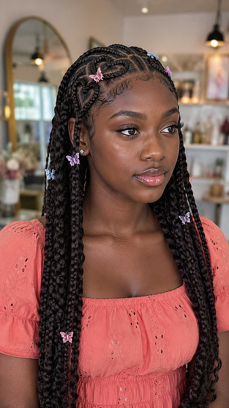 Mid-Back Box Braids With Heart Part And Butterfly Clips Mid-Back Box Braids With Heart Part And Butterfly Clips — Heart Part Braids 2027