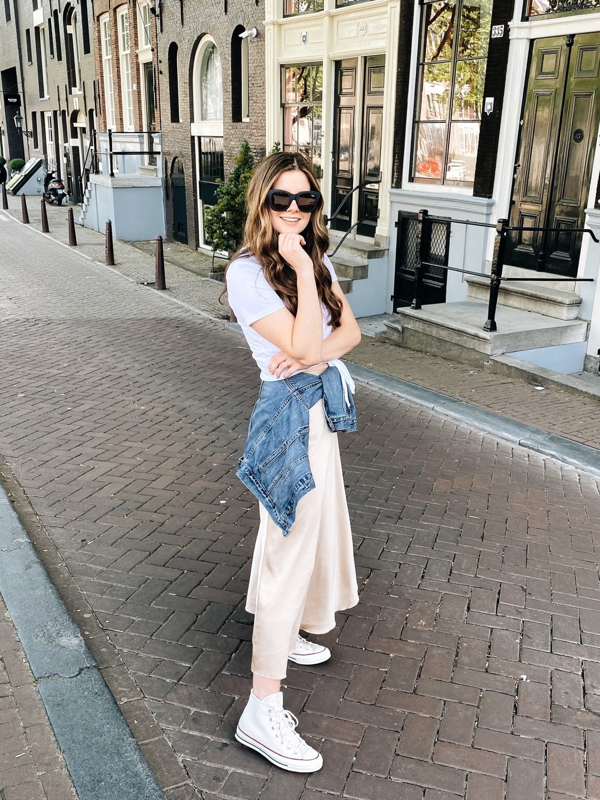 White T-shirt With Beige Satin Midi Skirt White T-shirt With Beige Satin Midi Skirt — High Top Converse Outfits 2027