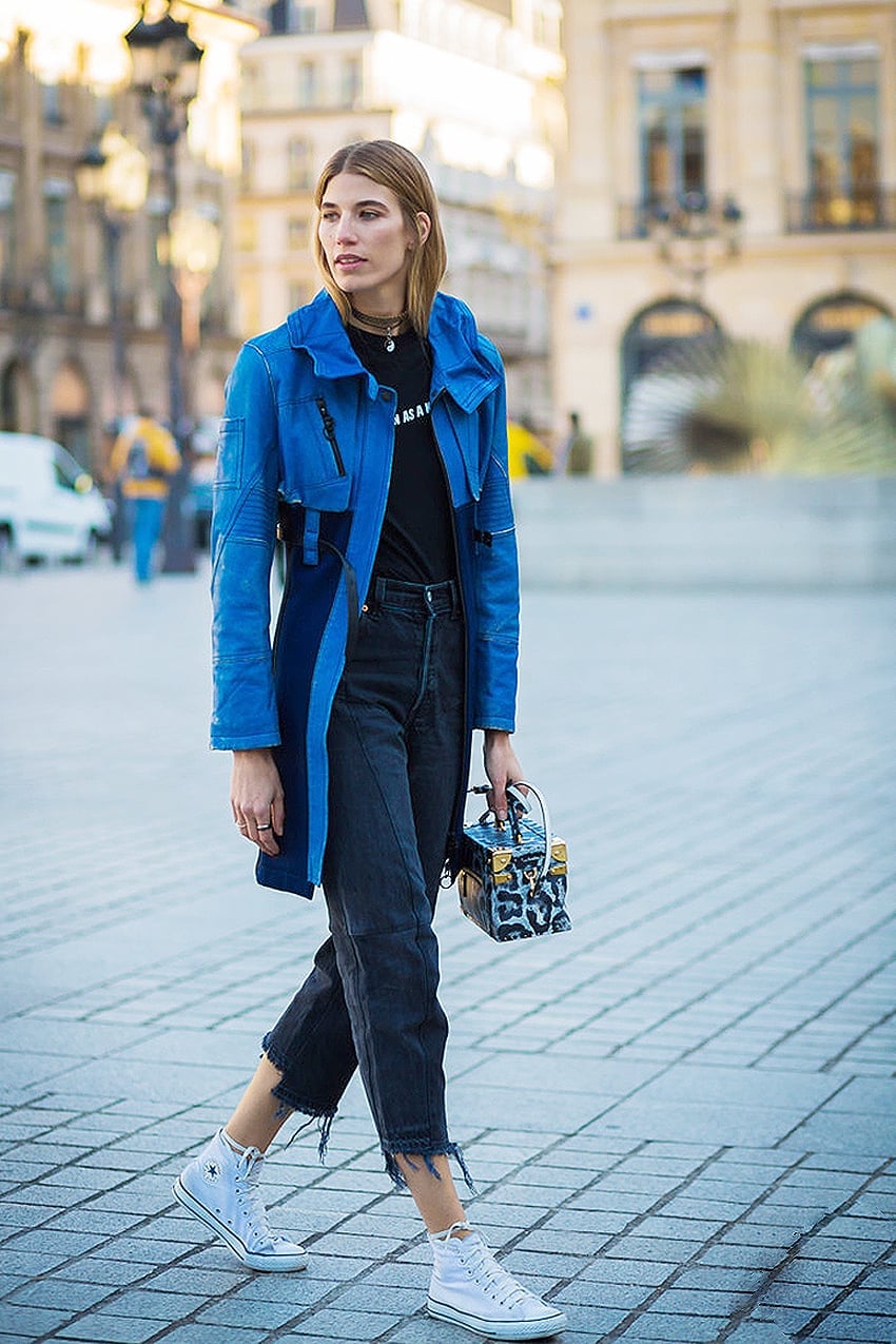 Black T-shirt With Blue Trench Coat Black T-shirt With Blue Trench Coat — High Top Converse Outfits 2027