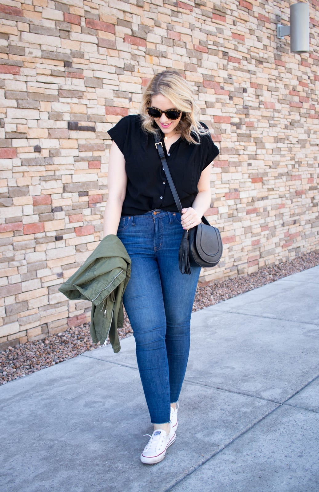 Black Button-Up With Olive Green Jacket Black Button-Up With Olive Green Jacket — High Top Converse Outfits 2027