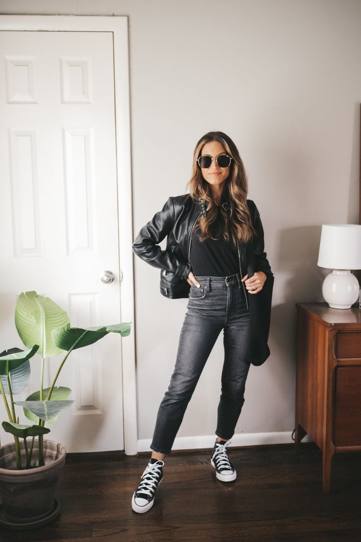 Black Leather Jacket With Gray Jeans, Close-Up Take Black Leather Jacket With Gray Jeans, Close-Up Take — High Top Converse Outfits 2027