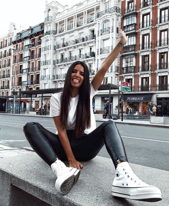 White T-shirt With Black Leather Pants White T-shirt With Black Leather Pants — High Top Converse Outfits 2027