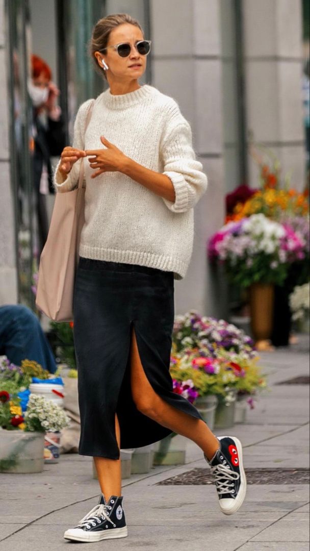 Cream Chunky Knit Sweater With Satin Midi Skirt Cream Chunky Knit Sweater With Satin Midi Skirt — High Top Converse Outfits 2027