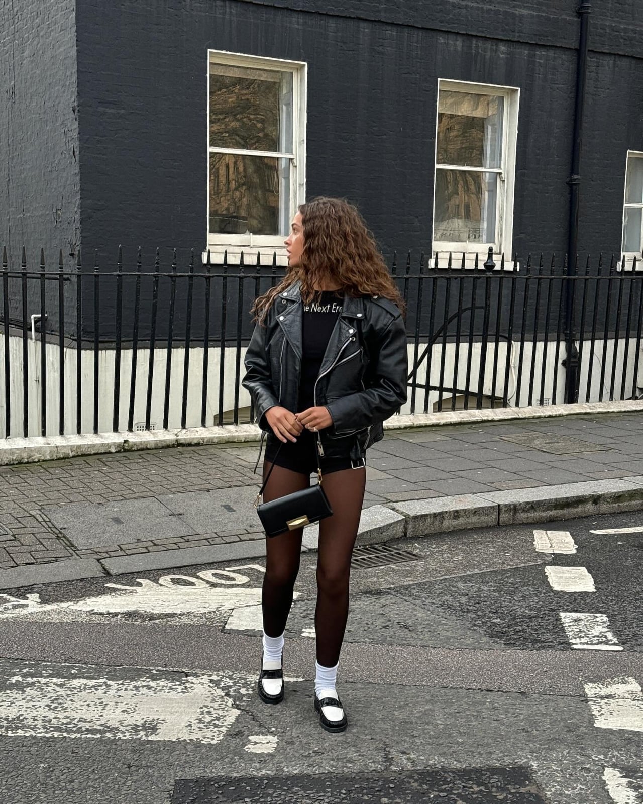 Leather Biker Jacket With Sheer Tights and Loafers Leather Biker Jacket With Sheer Tights and Loafers — Indie Sleaze Outfits 2027