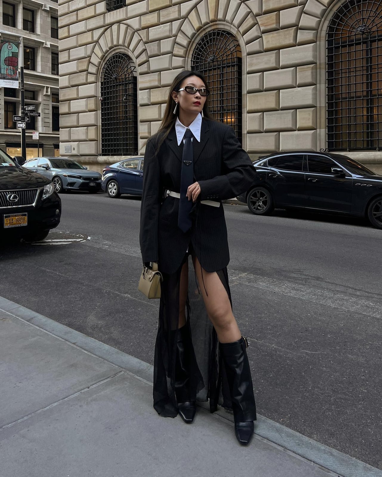Pinstripe Blazer Over Shirt and Sheer Dress With Beanie Pinstripe Blazer Over Shirt and Sheer Dress With Beanie — Indie Sleaze Outfits 2027