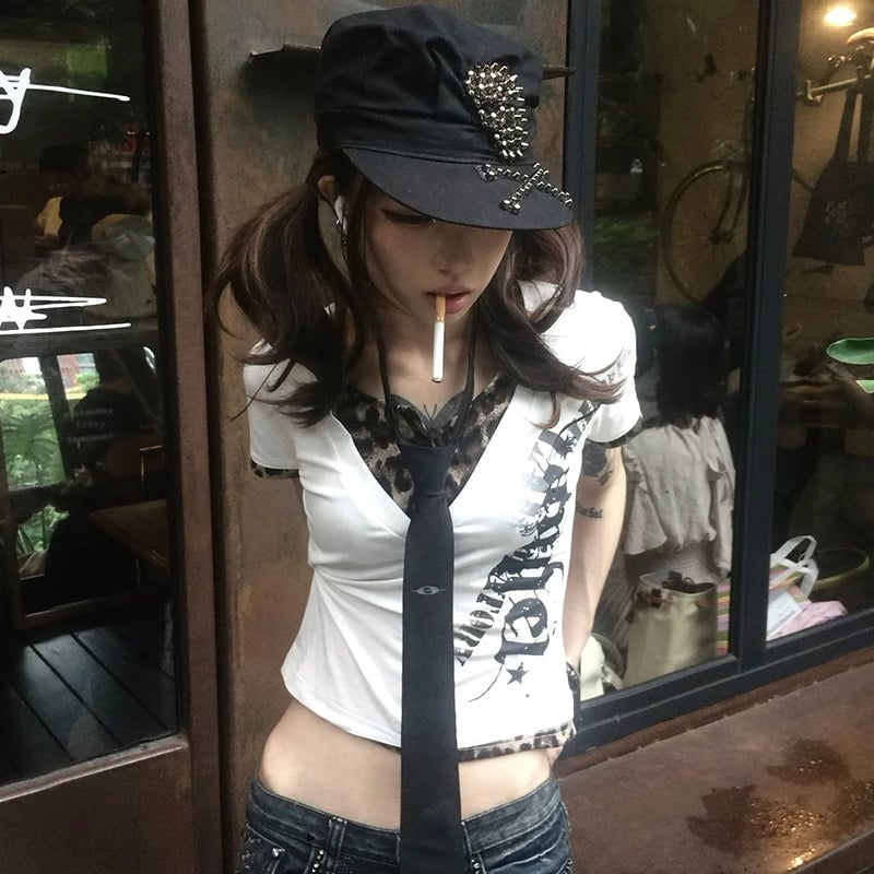 Graphic Tee With Leopard Camisole and Tie Graphic Tee With Leopard Camisole and Tie — Indie Sleaze Outfits 2027