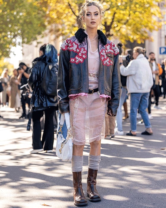 Leather Jacket Over Sheer Dress With Brown Boots Leather Jacket Over Sheer Dress With Brown Boots — Indie Sleaze Outfits 2027