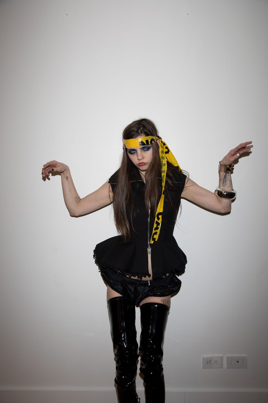 Peplum Zip-Up Top With Ruffled Shorts and Thigh-High Boots Peplum Zip-Up Top With Ruffled Shorts and Thigh-High Boots — Indie Sleaze Outfits 2027
