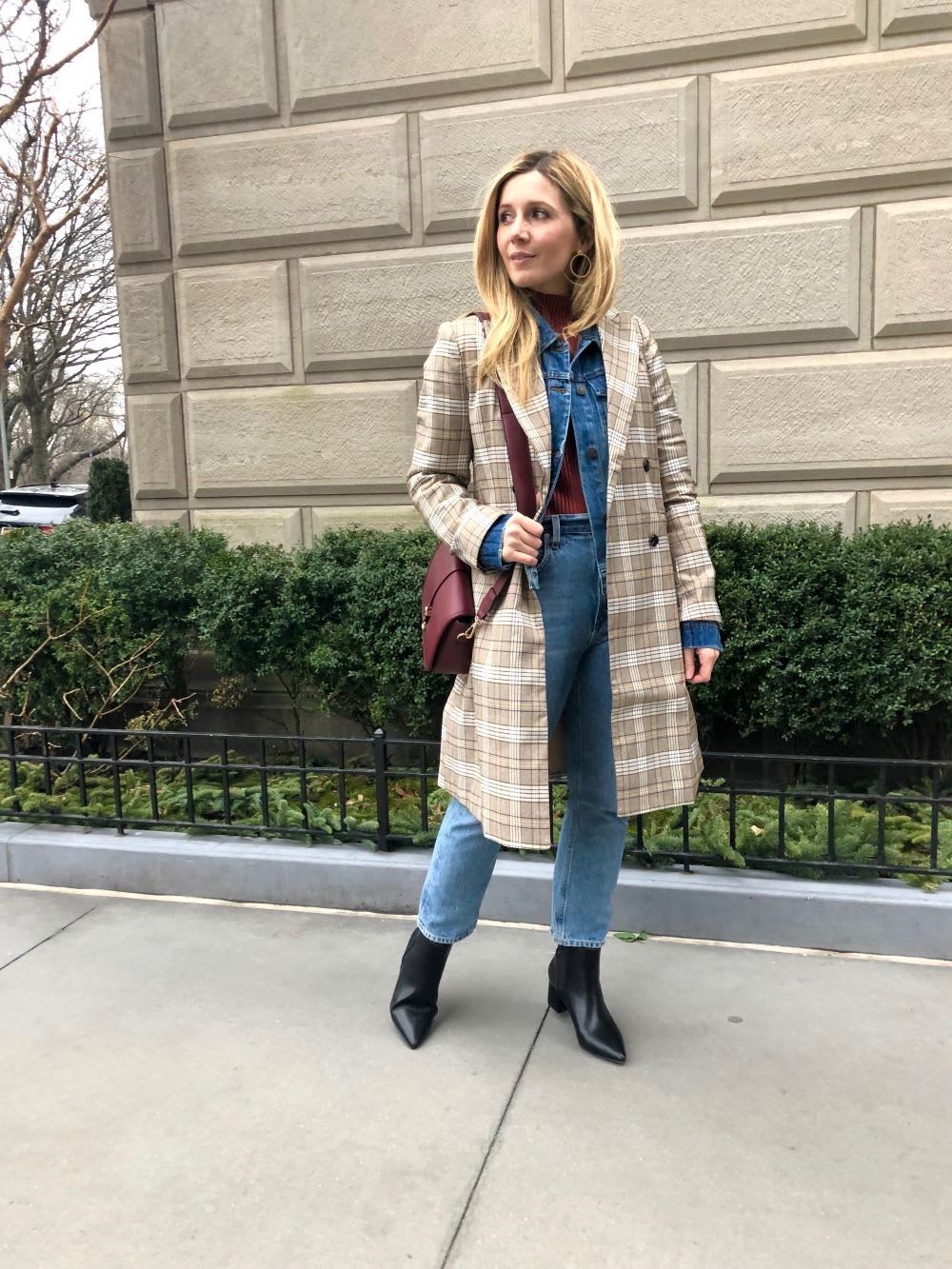 Denim Jacket Under Plaid Coat Denim Jacket Under Plaid Coat — Jean Jacket Outfits 2027