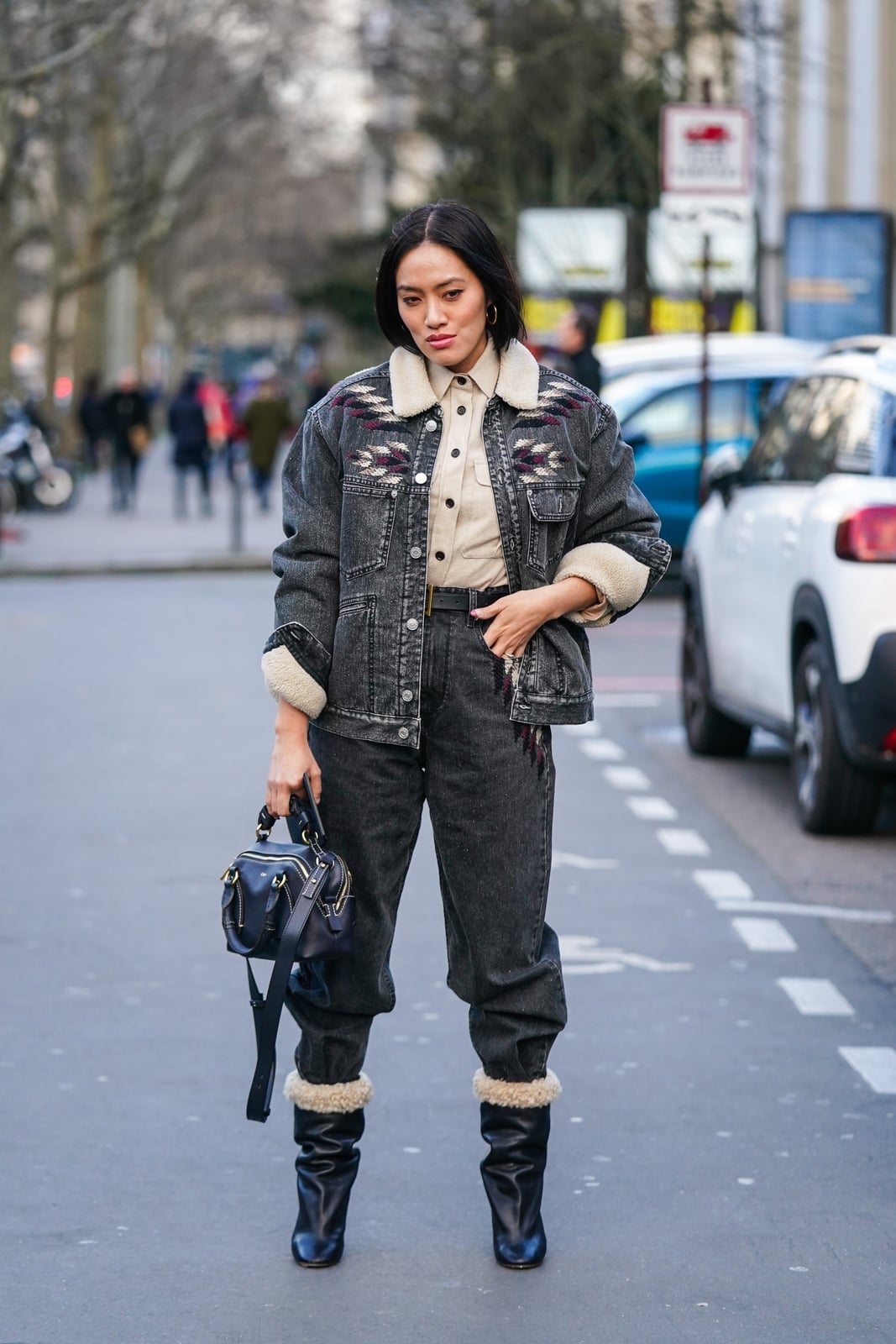 Oversized Shearling Trimmed Denim Jacket With Matching Pants Oversized Shearling Trimmed Denim Jacket With Matching Pants — Jean Jacket Outfits 2027