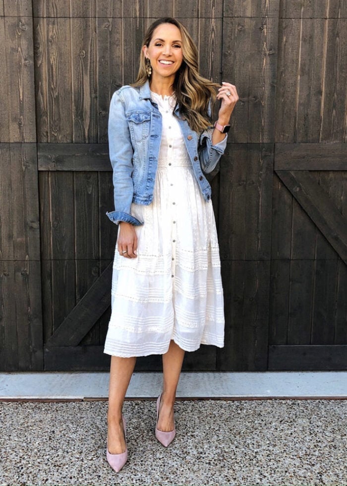 Denim Jacket Over Eyelet Midi Dress Denim Jacket Over Eyelet Midi Dress — Jean Jacket Outfits 2027