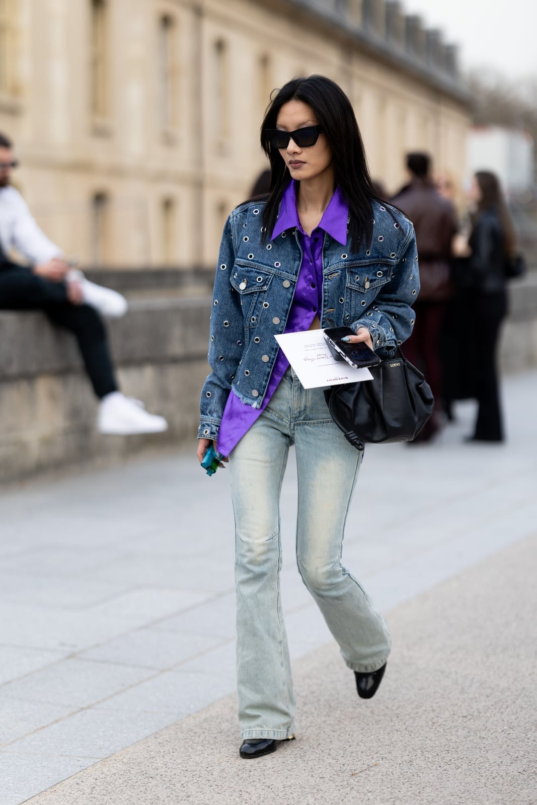 Eyelet Detail Denim Jacket With Flared Jeans Eyelet Detail Denim Jacket With Flared Jeans — Jean Jacket Outfits 2027
