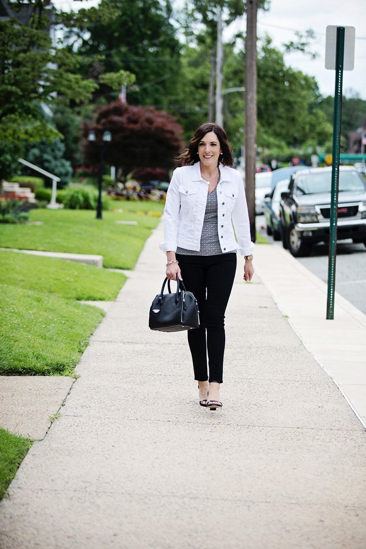 White Denim Jacket With Patterned Top, Strappy Heeled Sandals White Denim Jacket With Patterned Top, Strappy Heeled Sandals — Jean Jacket Outfits 2027