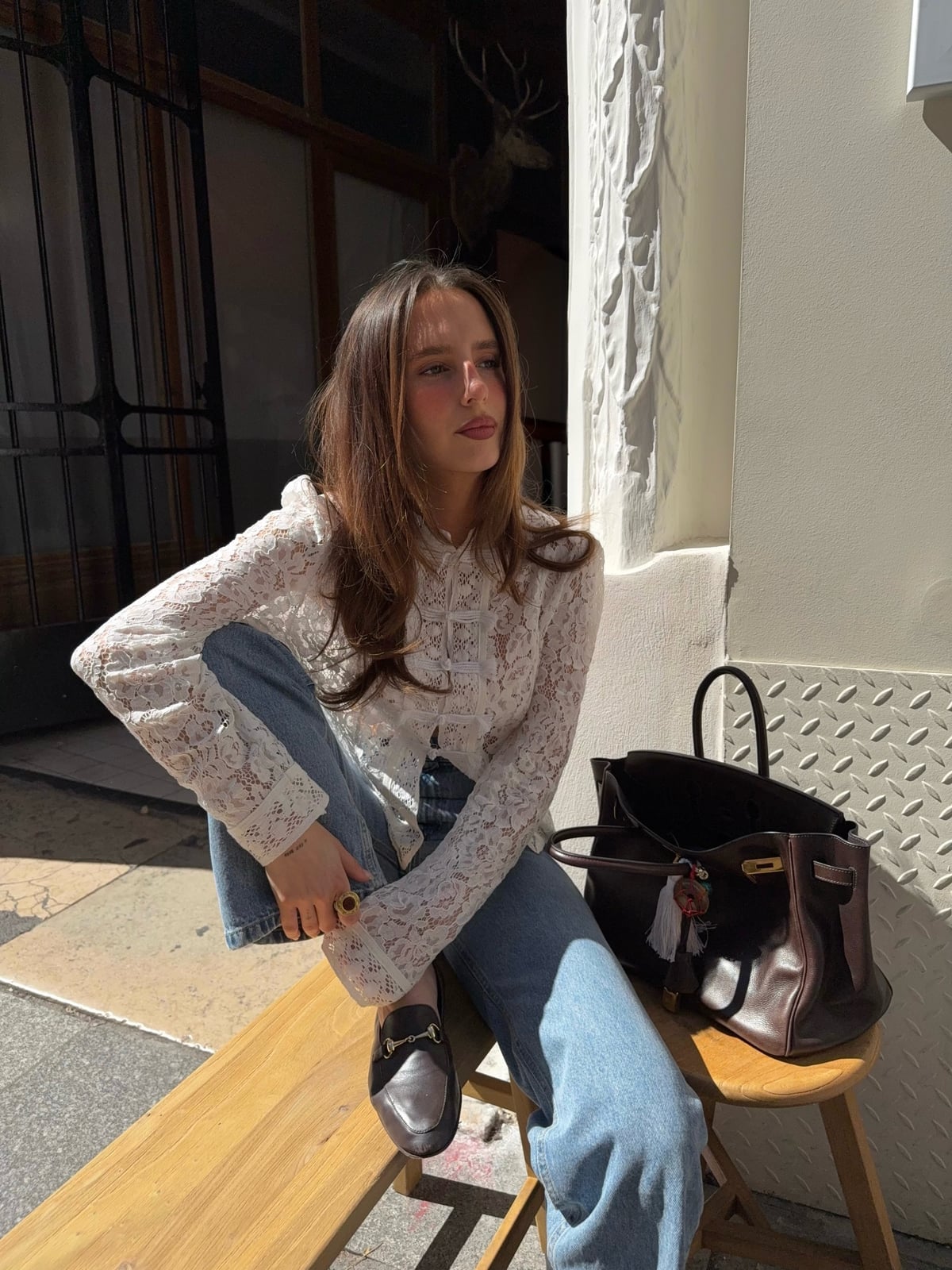 Light wash jeans with an intricate white lace collared blouse Light wash jeans with an intricate white lace collared blouse — Jeans Outfits 2027 with Blouse