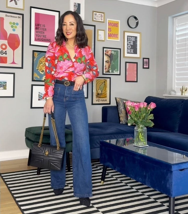 Wide leg jeans with a vibrant floral print blouse, Denim Wide leg jeans with a vibrant floral print blouse, Denim — Jeans Outfits 2027 with Blouse