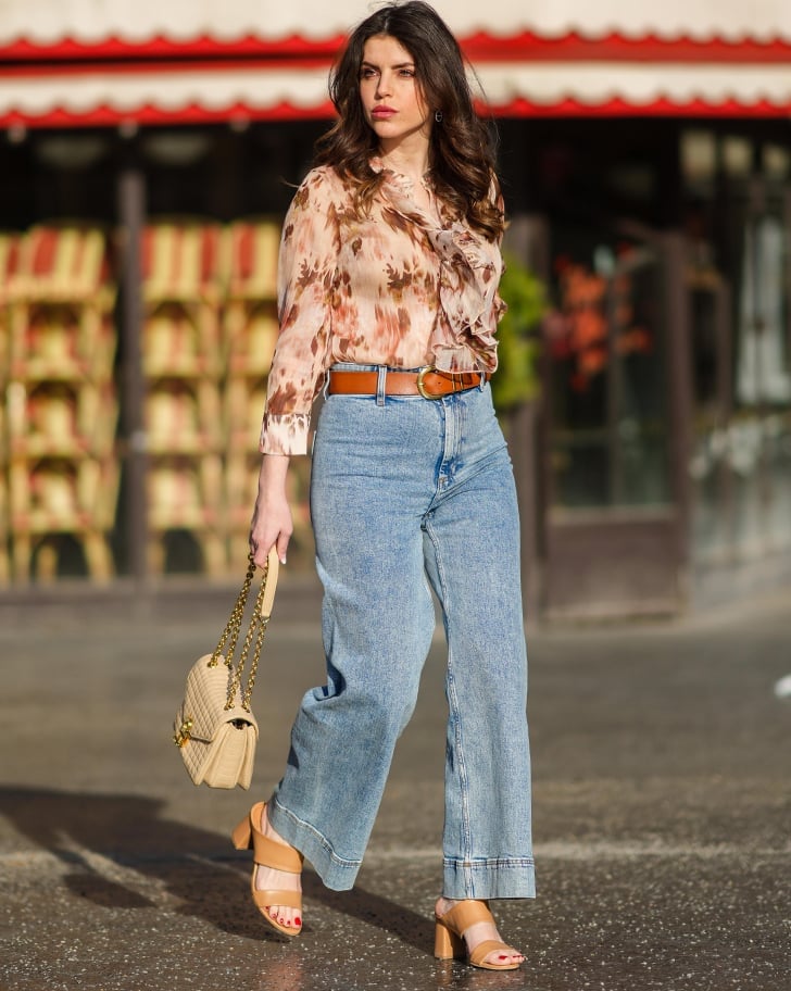 Light wash wide leg jeans with a ruffled printed blouse Light wash wide leg jeans with a ruffled printed blouse — Jeans Outfits 2027 with Blouse