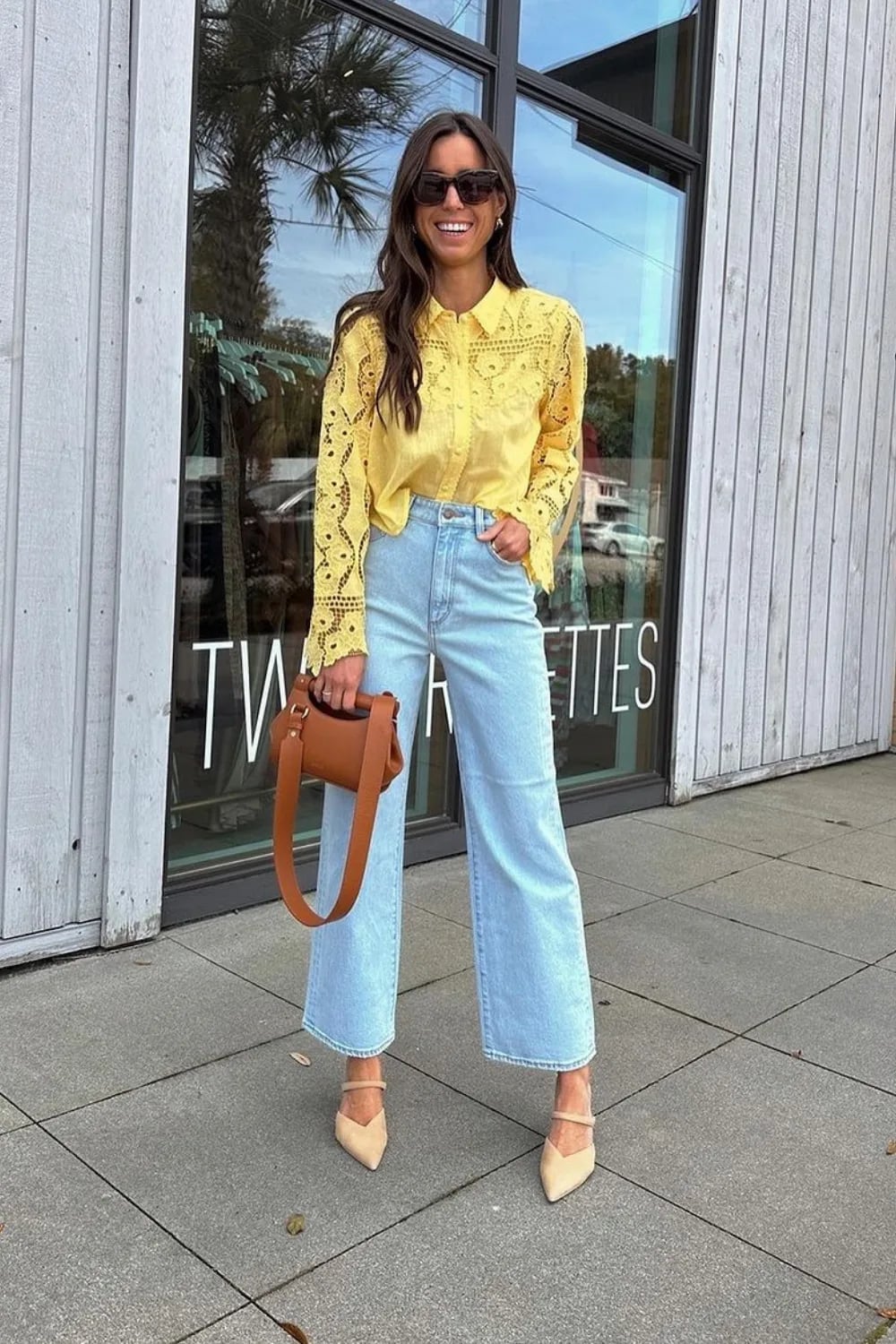 Light blue wide leg cropped jeans with a yellow lace blouse Light blue wide leg cropped jeans with a yellow lace blouse — Jeans Outfits 2027 with Blouse