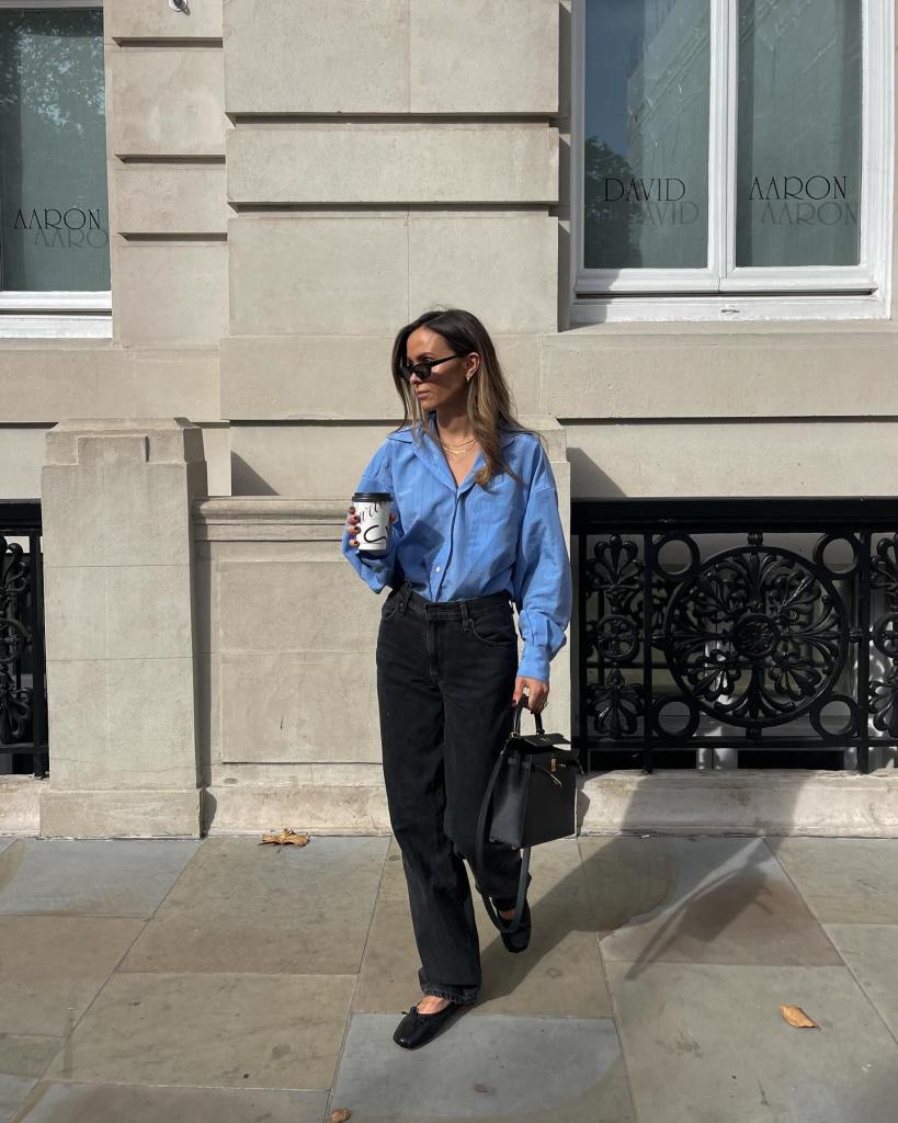 Black straight leg jeans with a light blue collared blouse Black straight leg jeans with a light blue collared blouse — Jeans Outfits 2027 with Blouse