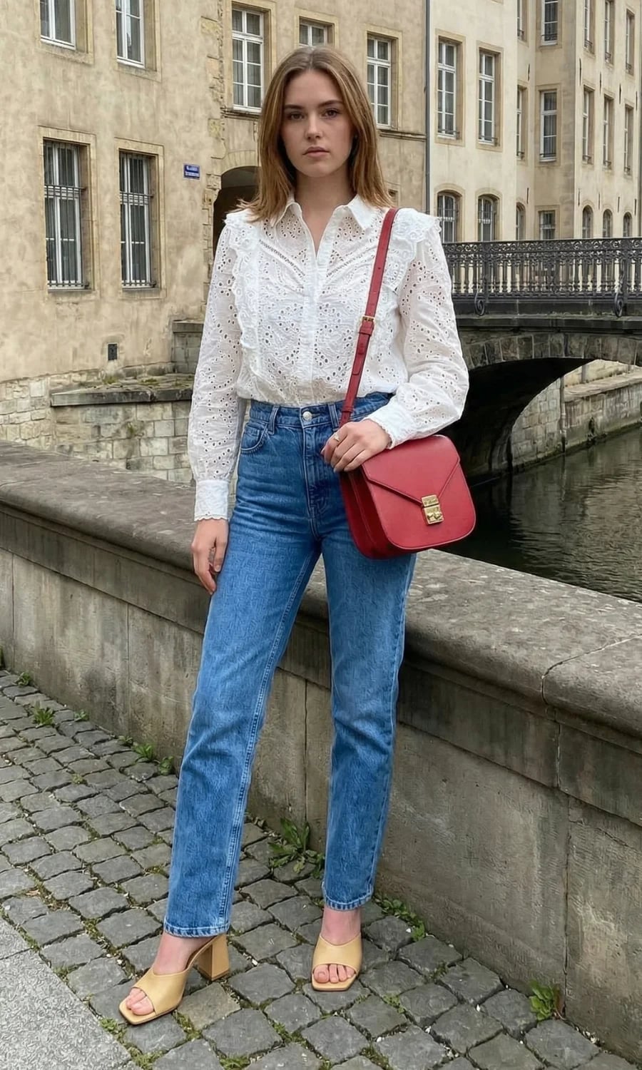 Medium wash straight leg jeans with a white eyelet blouse Medium wash straight leg jeans with a white eyelet blouse — Jeans Outfits 2027 with Blouse