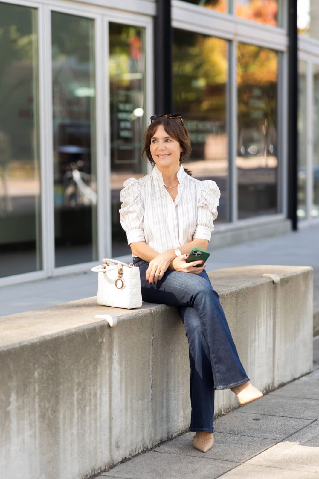 Dark wash flare jeans with a striped puff sleeve blouse Dark wash flare jeans with a striped puff sleeve blouse — Jeans Outfits 2027 with Blouse
