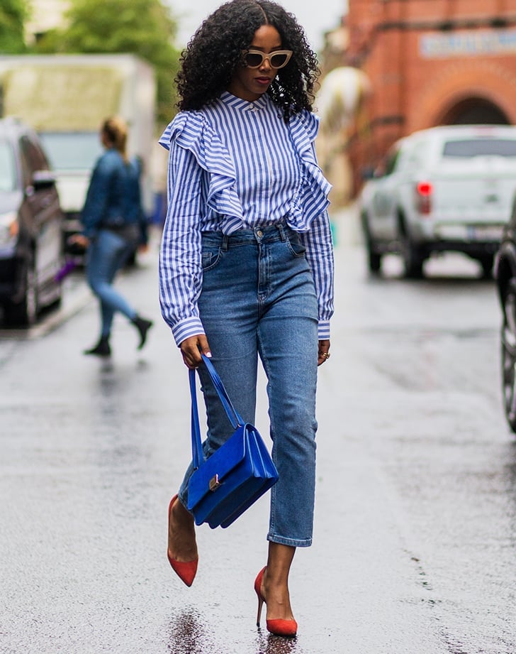 Blue wash straight leg jeans with a striped ruffled blouse Blue wash straight leg jeans with a striped ruffled blouse — Jeans Outfits 2027 with Blouse