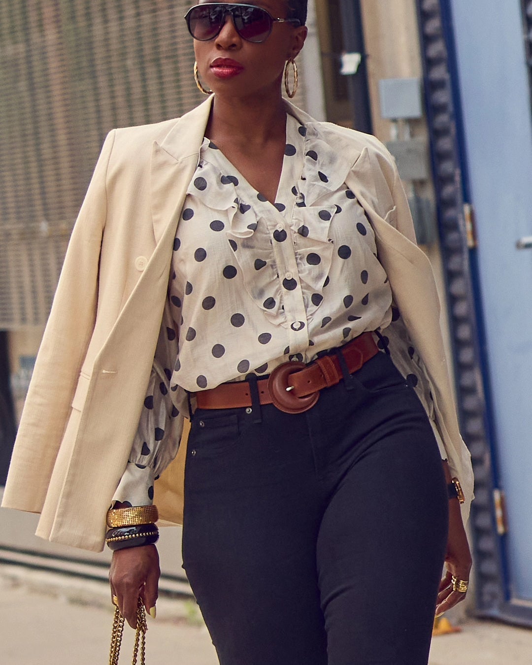 Black skinny jeans with a polka dot ruffled blouse, Close-Up Take Black skinny jeans with a polka dot ruffled blouse, Close-Up Take — Jeans Outfits 2027 with Blouse