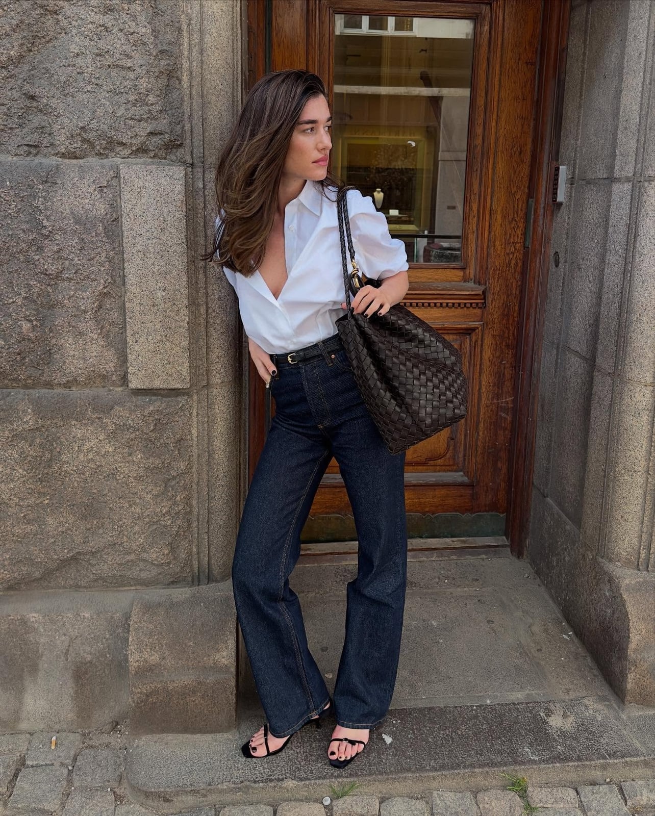 Dark wash flare jeans with an oversized white, Close-Up Take Dark wash flare jeans with an oversized white, Close-Up Take — Jeans Outfits 2027 with Blouse
