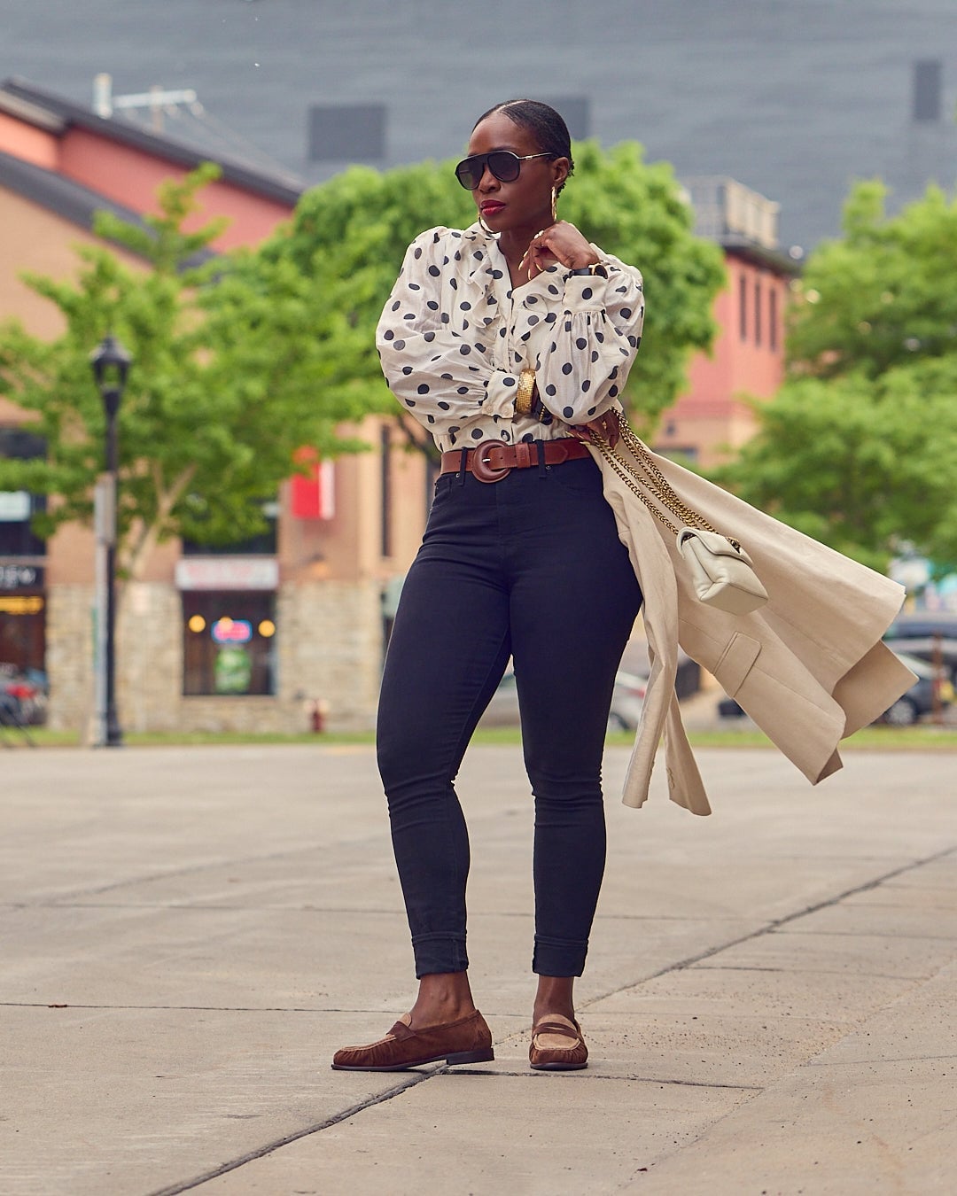 Black skinny jeans with a cream polka dot blouse, Office-Safe Version Black skinny jeans with a cream polka dot blouse, Office-Safe Version — Jeans Outfits 2027 with Blouse