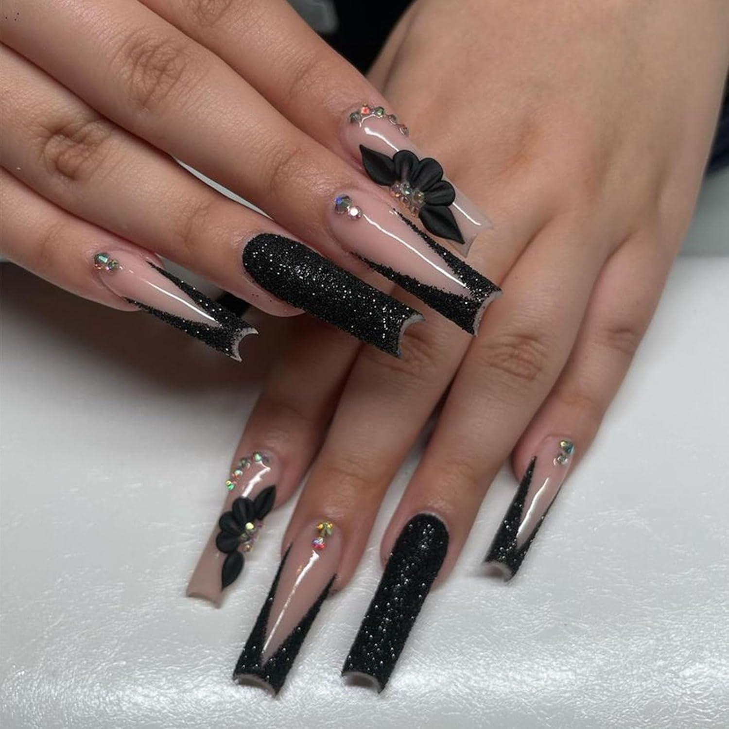 Black Glitter French Long Coffin Nails Black Glitter French Long Coffin Nails — Jet Black Nails 2027