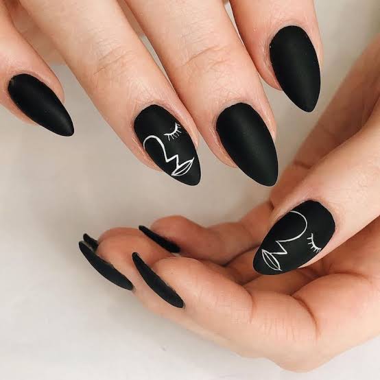 Matte Black Almond Nails with White Faces Matte Black Almond Nails with White Faces — Jet Black Nails 2027